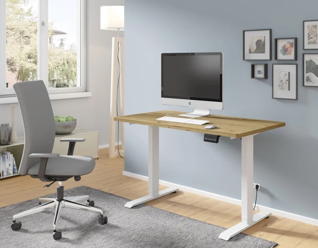 Masă de birou/gamer BIMotion, inalțime reglabilă electric, controler inteligent, culoare stejar artizanal, cu picioare albe 120x65