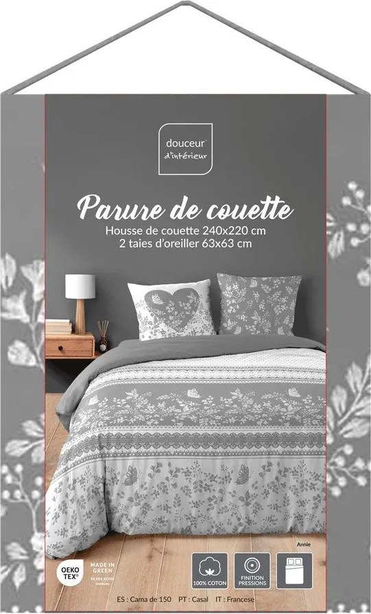 Fehér-szürke kétszemélyes-hosszabbított háromrészes pamut ágyneműhuzat 240x220 cm Annie – douceur d'intérieur