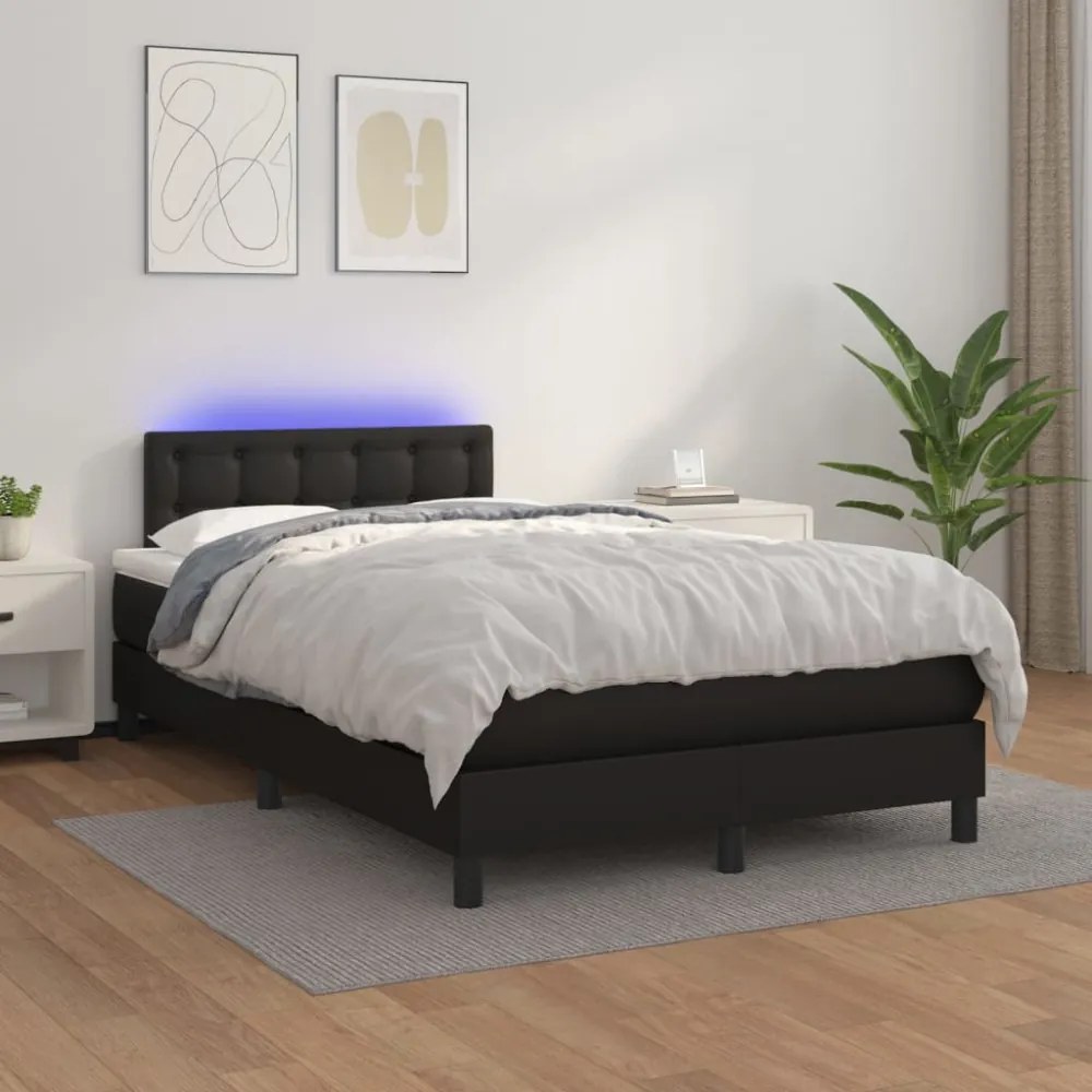 fekete műbőr rugós ágy matraccal és LED-del 120x200 cm