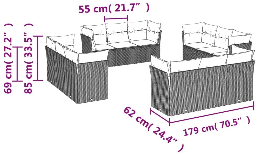 12 részes világosszürke polyrattan kerti ülőgarnitúra párnával
