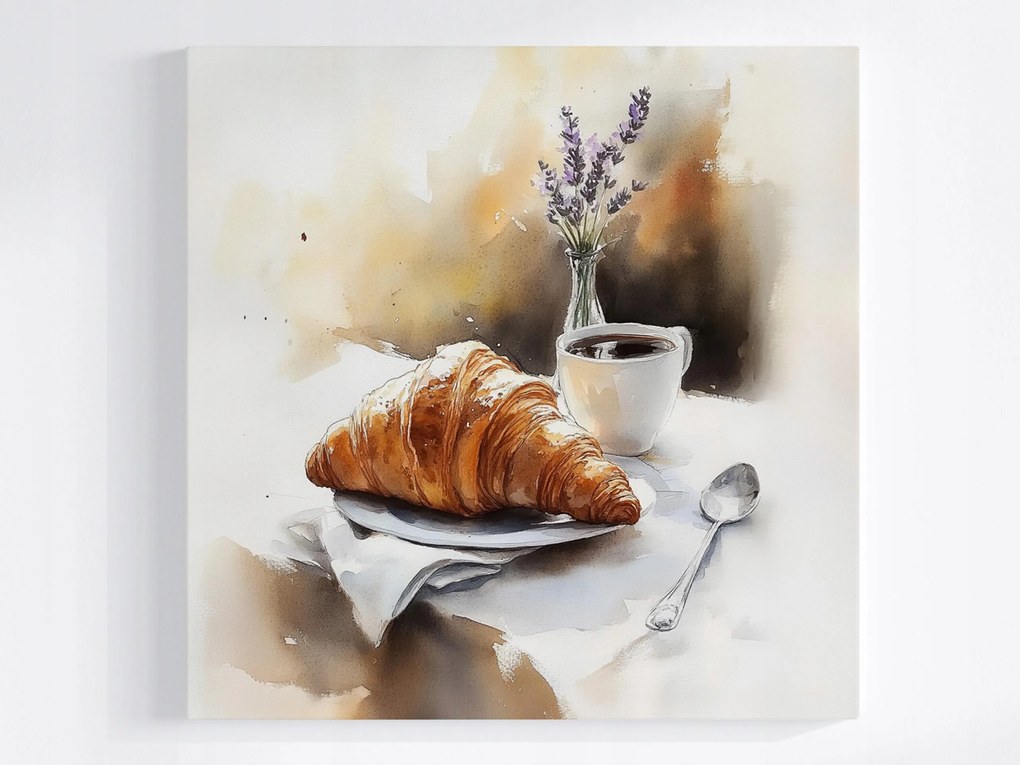 Canvas Vászonkép Asztal Kávé Eszpresszó Croissant Levendula 40x40