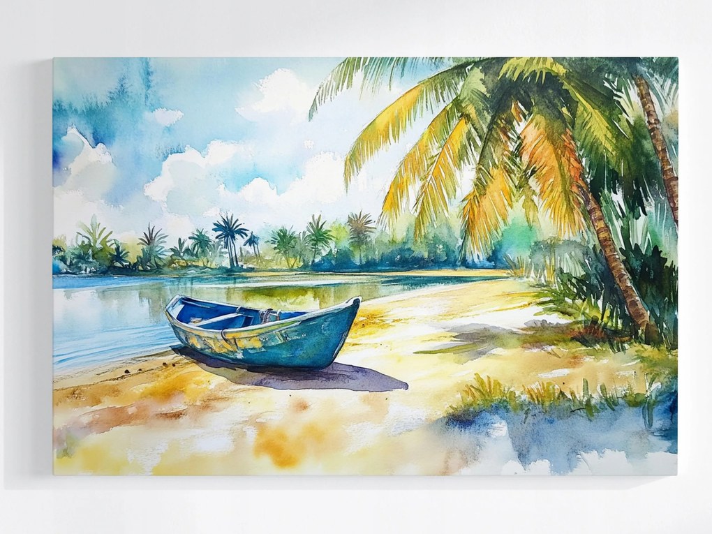 Vászonkép Canvas Trópusi Tengerpart Hajó Pálmafák Akvarell TENGER120x80