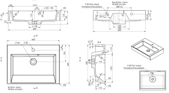 Sapho - ORINOKO 60x45 cm ráültethető mosdó, márvány/fehér