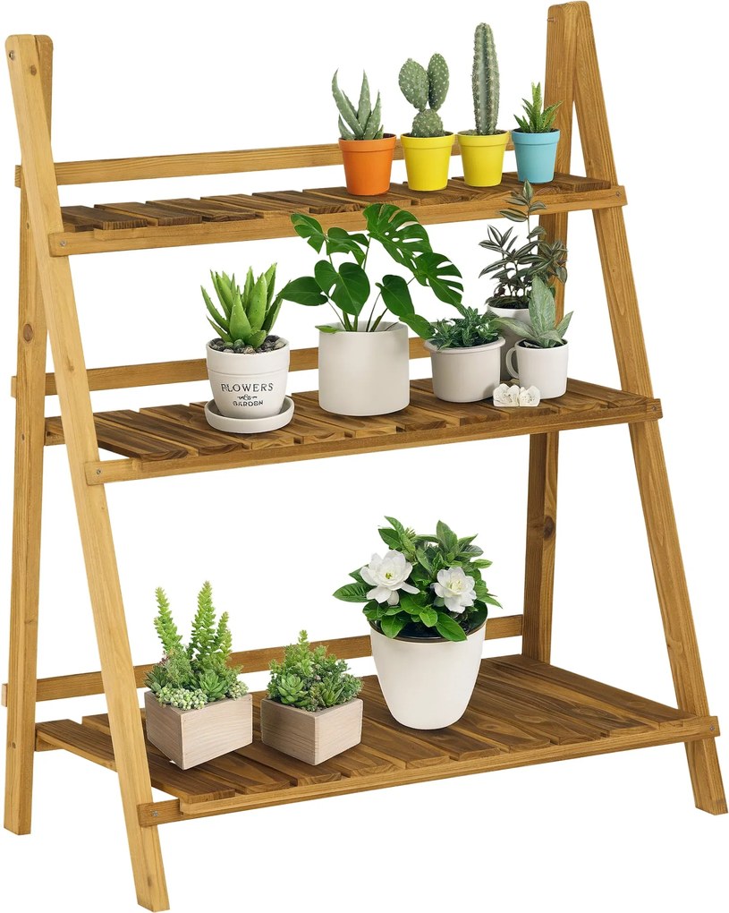 Outsunny 3-szintes Fa Növénytartó Összecsukható Növénypolc Beltéri és Kültéri Használatra Teraszra Kertbe Erkélyre 80x37x93 cm Természetes | Aosom