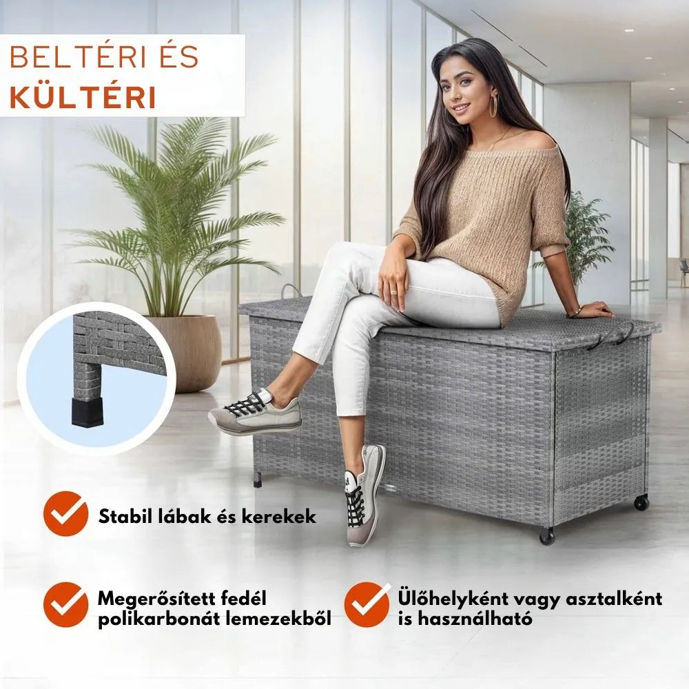 RICCO polyrattan tárolódoboz, 270L, 117x53x60cm, szürke Casaria