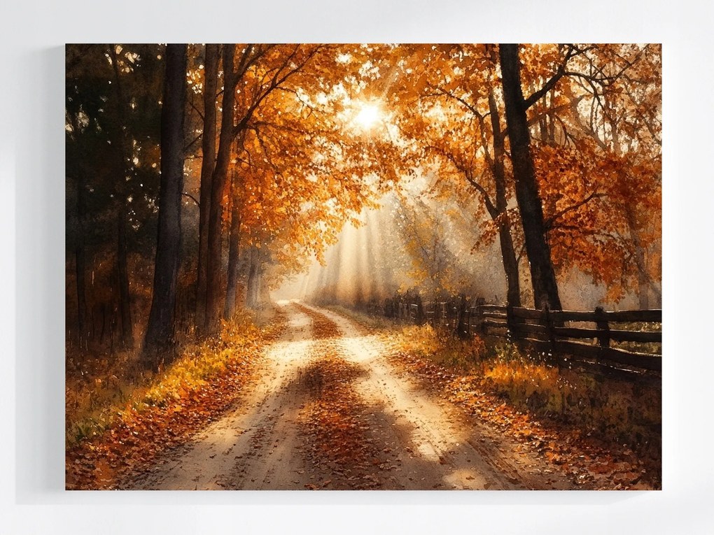 Vászonkép Canvas Tájkép Ősz Erdő Út Nap Arany 80x60