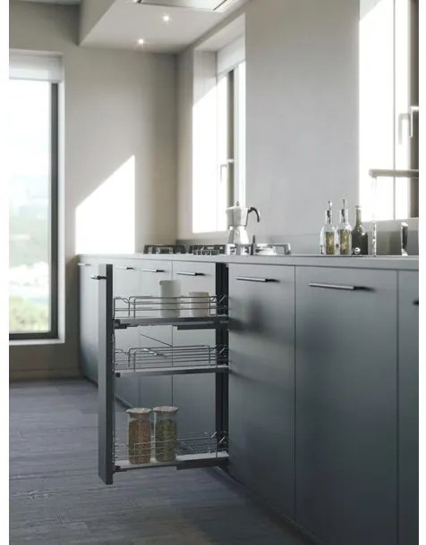 Konyhai fémrács, 200mm, bal oldalra szerelhető, króm-fehér, teljes kihúzás, csillapított záródás, rejtett fióksín, 3 kosár SIGE, Infinity Line 002