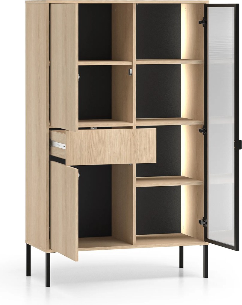 Harmona magas vitrin 92 cm fiókkal és világítással - lindberg tölgy