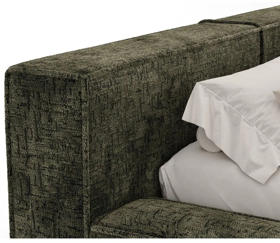 Sötétzöld kárpitozott ágyneműtartós franciaágy ágyráccsal 200x200 cm Voliera – Maison de Rêve