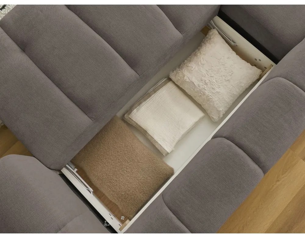 Szürkésbarna kinyitható-tárolóhelyes sarokkanapé (bal oldali-heverő résszel) Fuji – Bobochic Paris