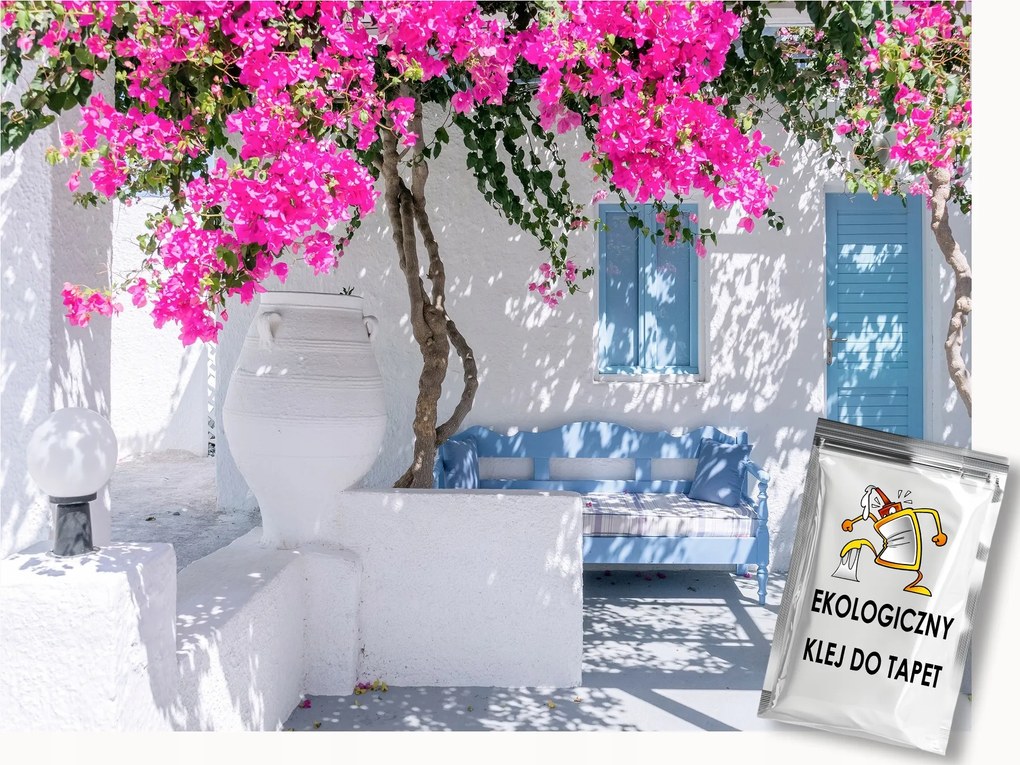 Fotótapéta Flizelina Város Utca Görögország Ajtó Virágok Pad 300x210 ragasztó