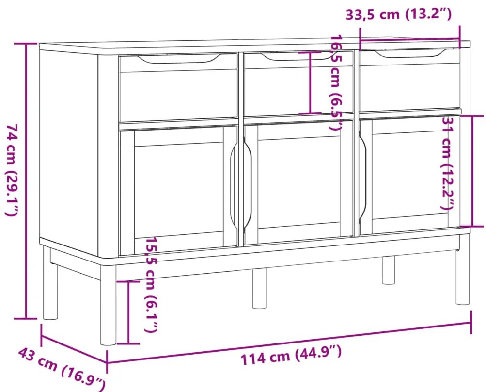 FLORO viaszbarna tömör fenyőfa tálalószekrény 114 x 43 x 74 cm