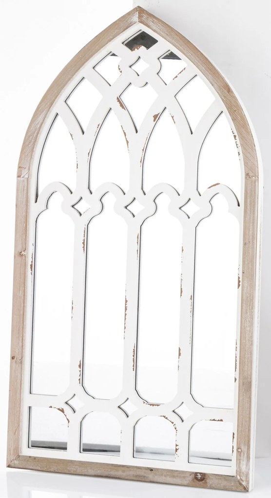 Kopottas vintage krém-barna csúcsíves fából készült fali tükör 93x51x3,5cm