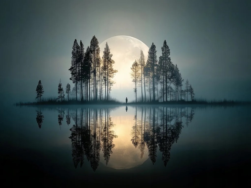 Vászonkép Canvas Telihold Köd Tó Erdő Magány 80 x 60