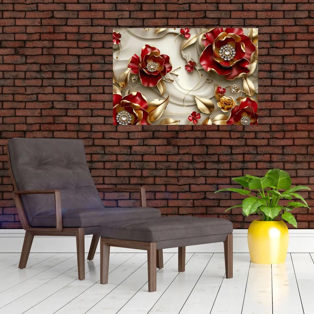 Kép - 3D piros-arany virágok (90x60 cm)
