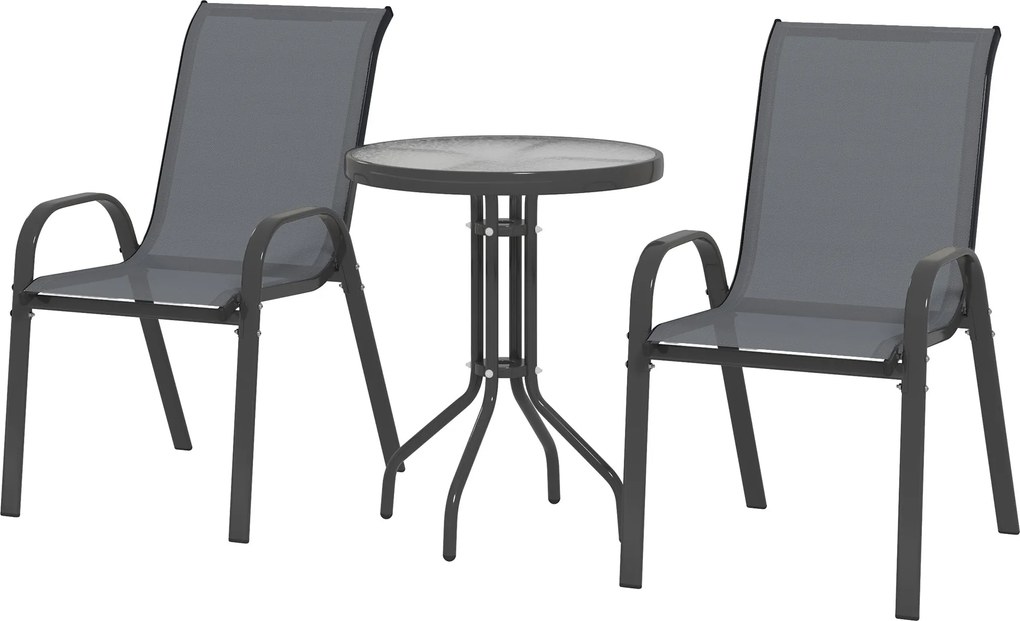 Outsunny 3 részes időjárásálló bistro terasz szett edzett üvegasztallal és egymásra rakható székekkel — sötétszürke | Aosom