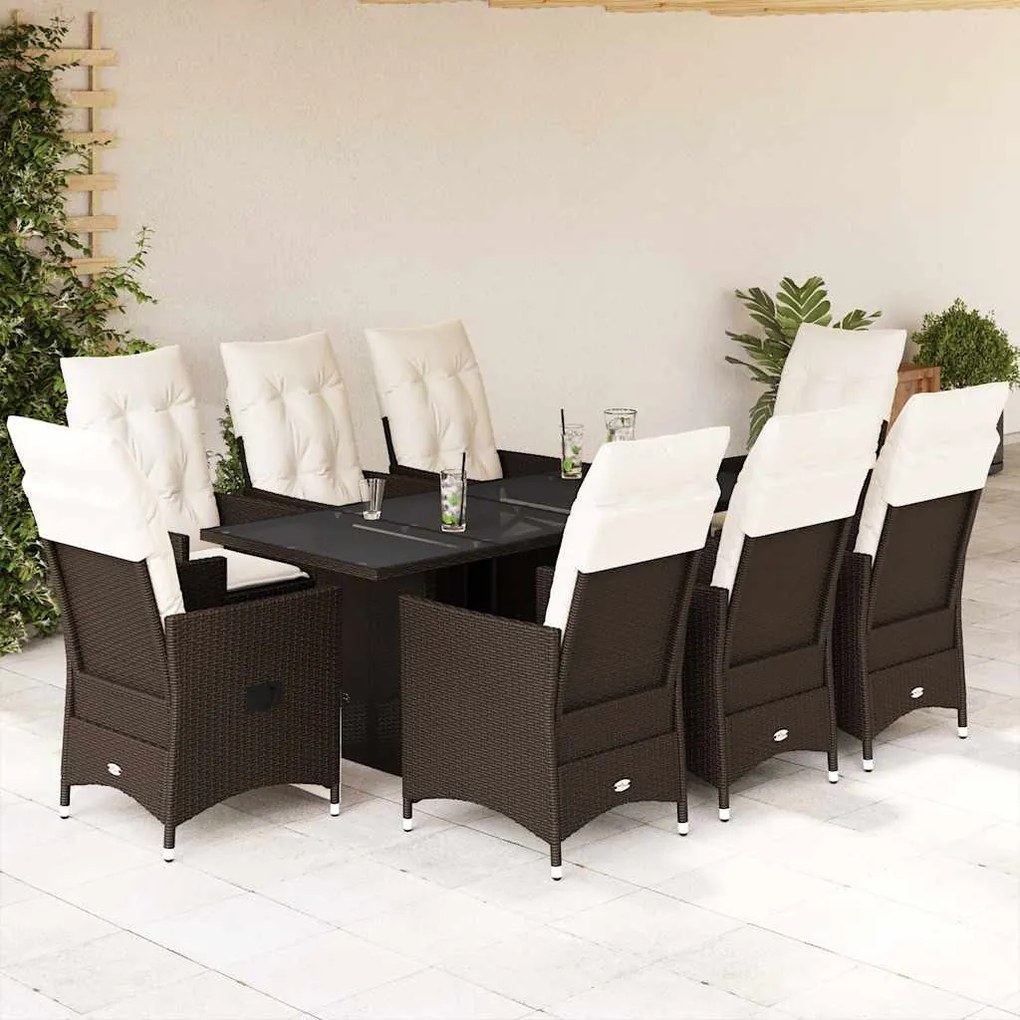 9 részes barna polyrattan kerti étkezőgarnitúra párnákkal