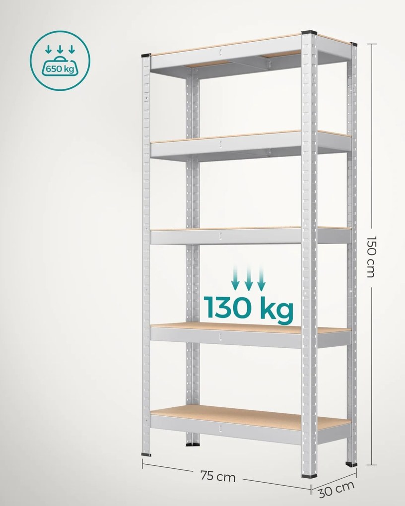 Polcos állvány, salgópolc, 130kg polconkénti teherbírással, ezüst 150x75x30cm