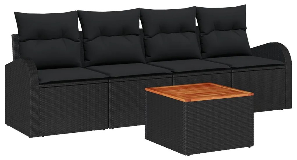 5 darabos Kertibútor szett párnákkal Fekete Poli Rattan Akácia, 2 személyes Kertibútor tárolóval és párnákkal Fekete Poli Rattan