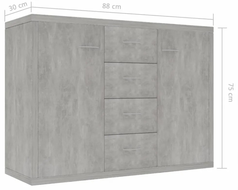 betonszürke szerelt fa tálalószekrény 88 x 30 x 65 cm