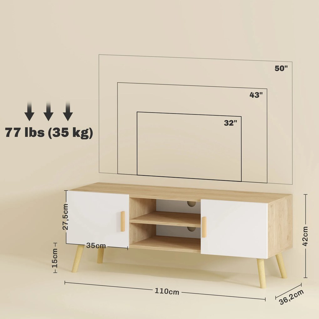 HOMCOM Tölgyfa TV Állvány 50 Inch TV-hez Polcokkal, 2 Szekrénnyel és Kábeltartóval, 110 x 36,2 x 42 cm | Aosom
