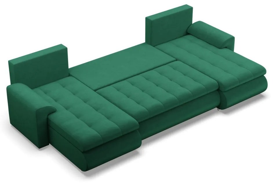 Tokio U alakú sarokkanapé, 3 ágyneműtartóval, bársony, univerzális oldal, zöld