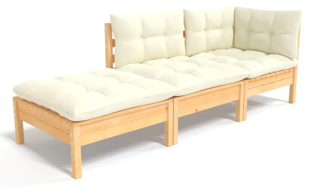 vidaXL 3 részes tömör fenyőfa kerti ülőgarnitúra krémszínű párnákkal