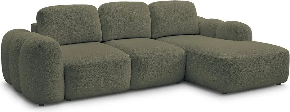 Zöld buklé kinyitható-tárolóhelyes sarokkanapé (jobb oldali-heverő résszel) Montaigne – Bobochic Paris