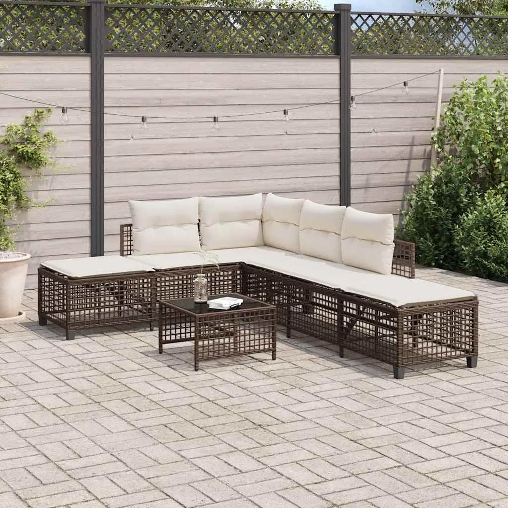 3 részes barna polyrattan kerti sarokkanapészett párnával