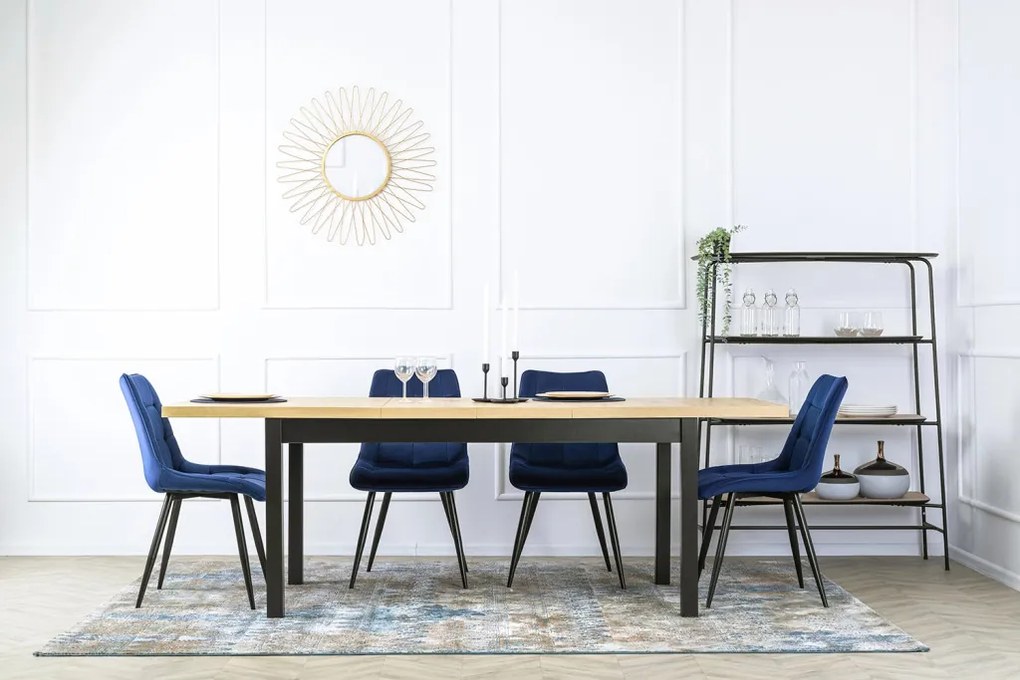 Étkezőgarnitúra 4 db. Sötétkék Rio székkel. Bővíthető asztal HUGO 160-230 cm