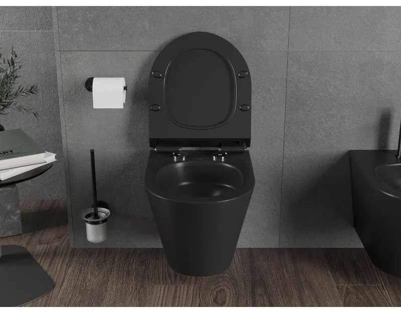 Mexen Rico, falra akasztható wc csésze 490x360x370 mm, Perem nélküli Tornado + duroplast wc ülőke, matt fekete, 30720185T