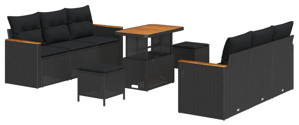 9 Részes Kert Sofabútor Szett Párnákkal Fekete Poli Rattan Akáciából
