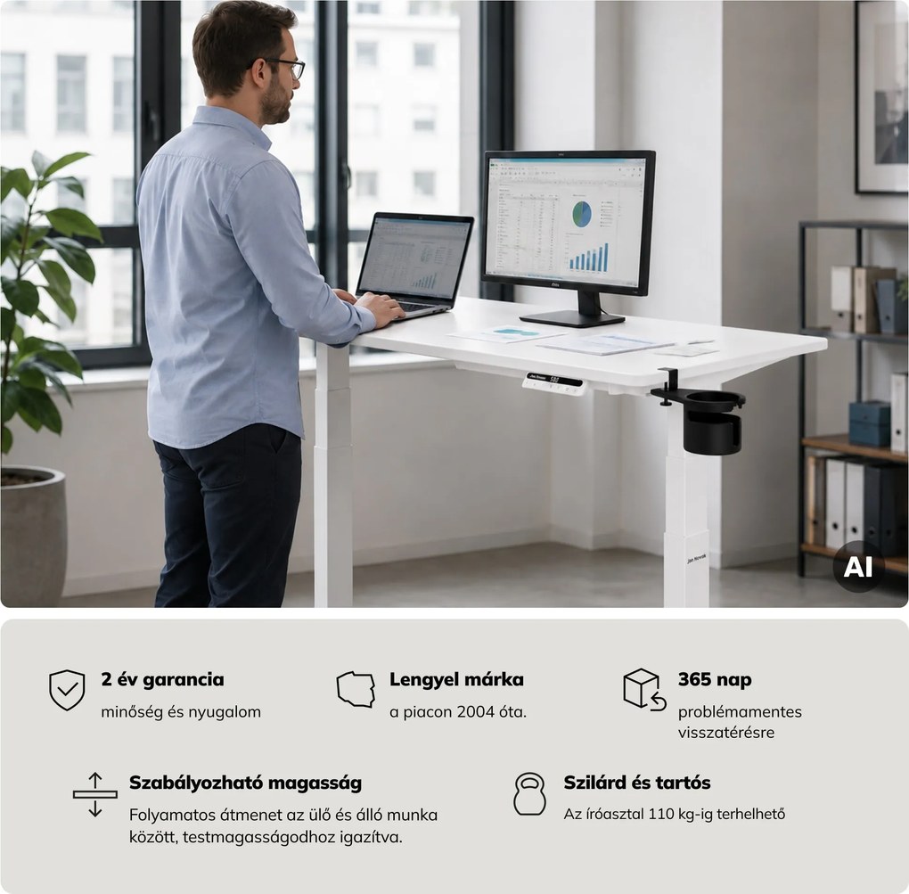 Elektromos, állítható magasságú, ergonomikus, fehér íróasztal,1200x600 mm: ARIA