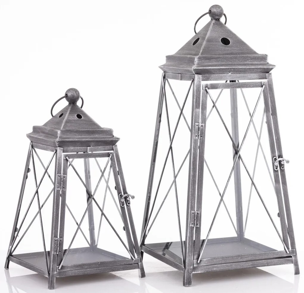 Vintage szürke szögletes 2db-os áttört fém lámpás lantern szett fogantyúval 37,5x21x21 / 55x25x25cm