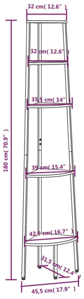 5 szintes fekete sarokpolc 45,5 x 31,5 x 180 cm