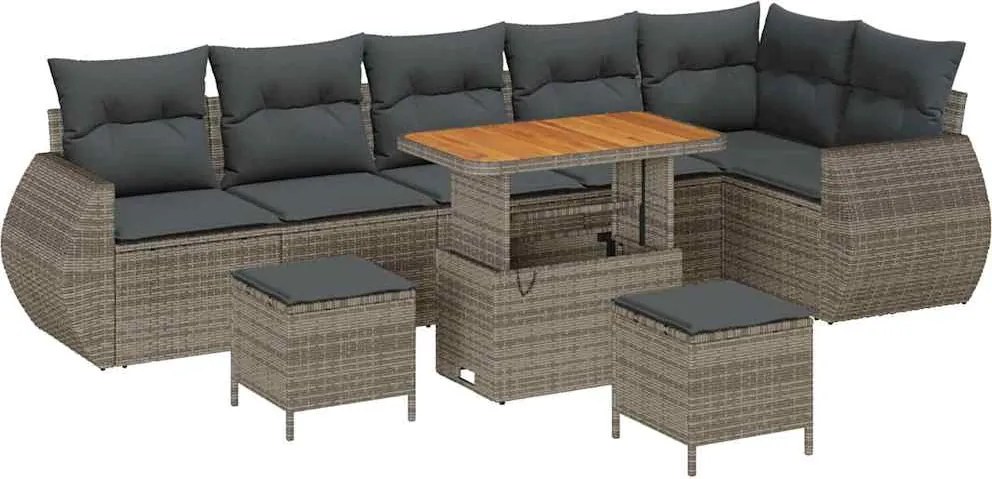 vidaXL Kerti Kanapé Szett párnával tárolóval 9 pcs Szürke Poly Rattan