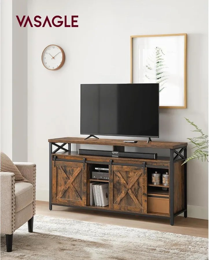 TV-szekrény tolóajtókkal, 147 x 40 x 76 cm, 65 colos TV-hez, rusztikus barna-fekete