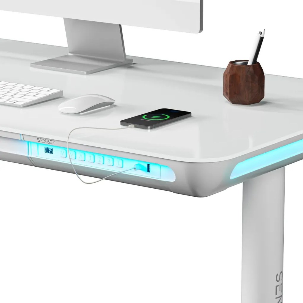 NOMO állítható magasságú elektromos íróasztal, 120x60cm, USB, RBG, fehér