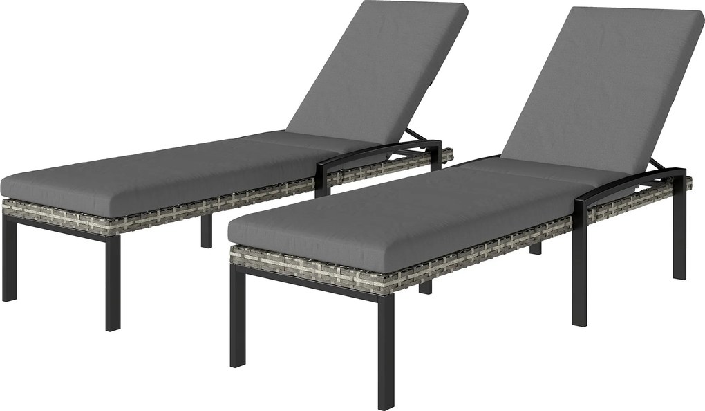 Outsunny 2 darabos polirattan napozóágy, 5 pozícióban állítható háttámla, levehető párna, időjárásálló kültéri fekvőszék — max. 120 kg, kert/medence/t