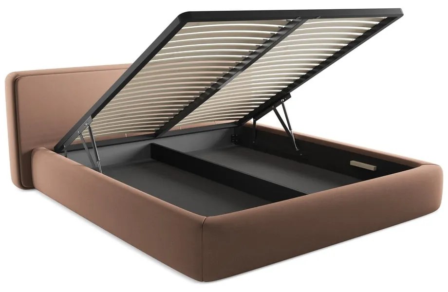 Világos rózsaszín kárpitozott ágyneműtartós franciaágy ágyráccsal 180x200 cm Kiana – Makamii