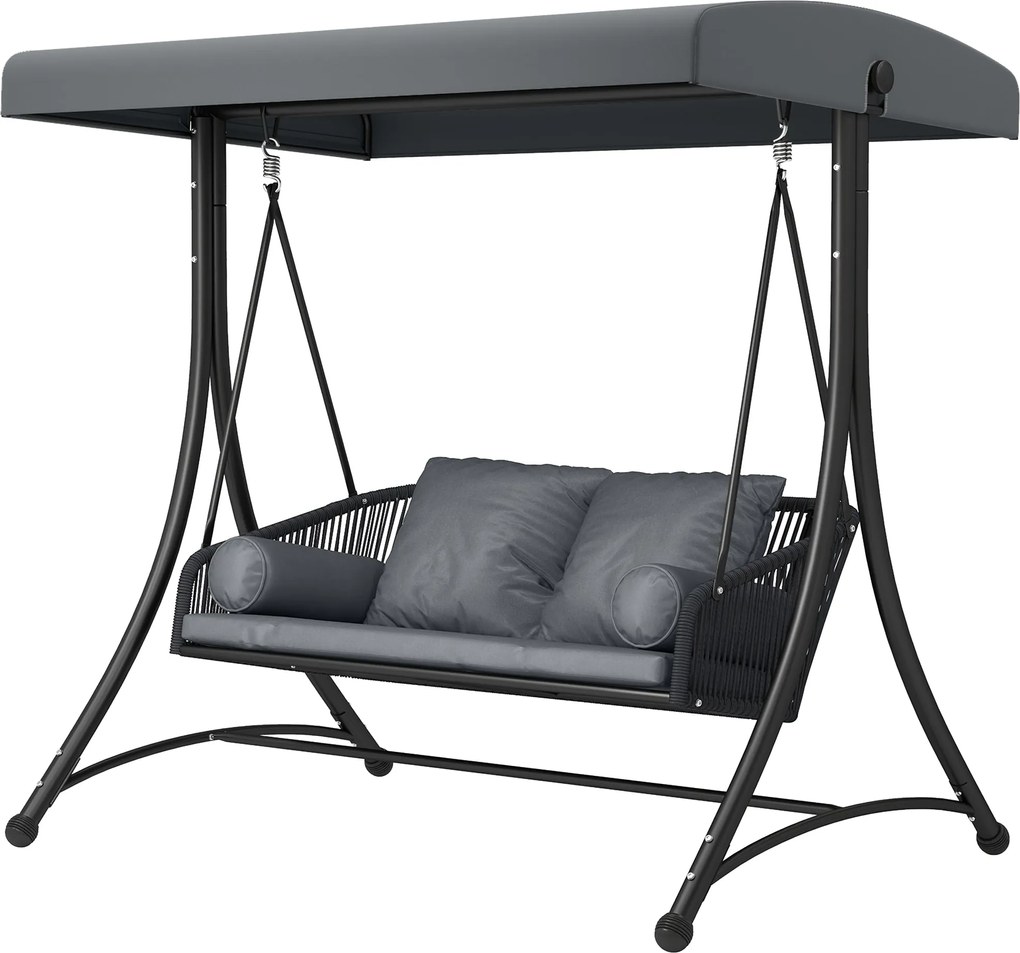 Outsunny rattan hollywood-hinta – 2 személyes kerti pad állítható napellenzővel és párnákkal, A-tartó, teherbírás 240 kg, 178 x 120 x 172 cm (sötétszü