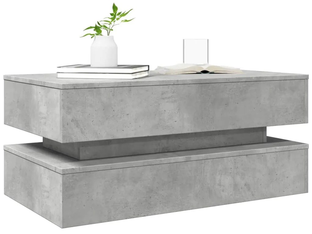 betonszürke dohányzóasztal LED-lámpákkal 90x50x40 cm