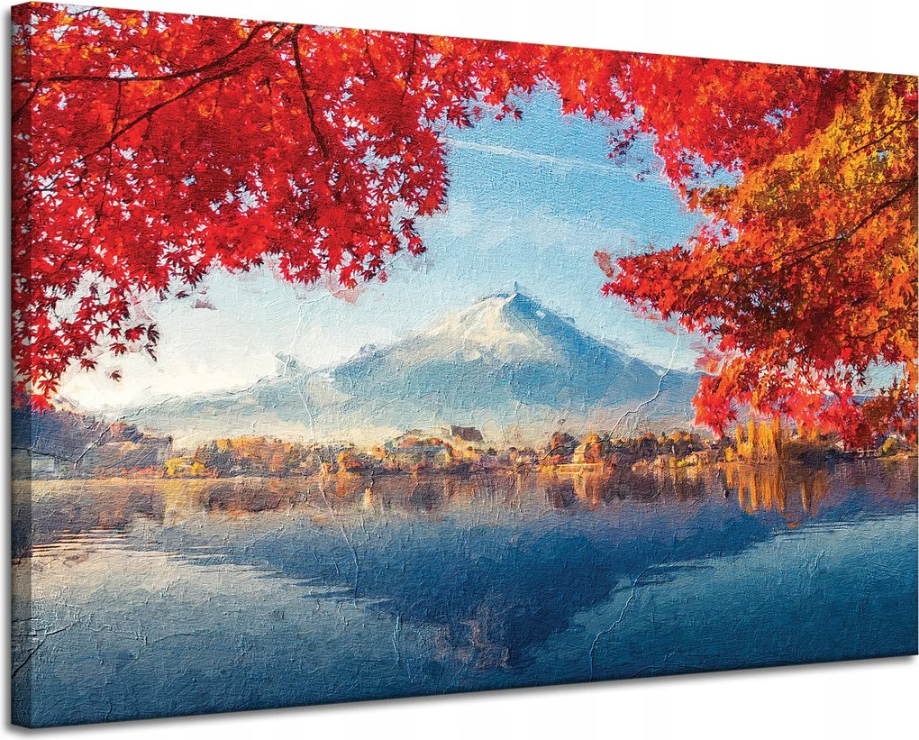 Vászonkép Színes levelek Város Hegy Víz 120x80 cm