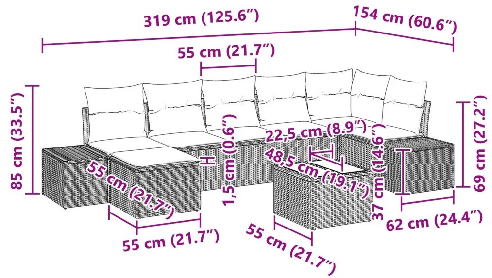 Kerti Kanapé Szett párnával 8 pcs Barna polirattan