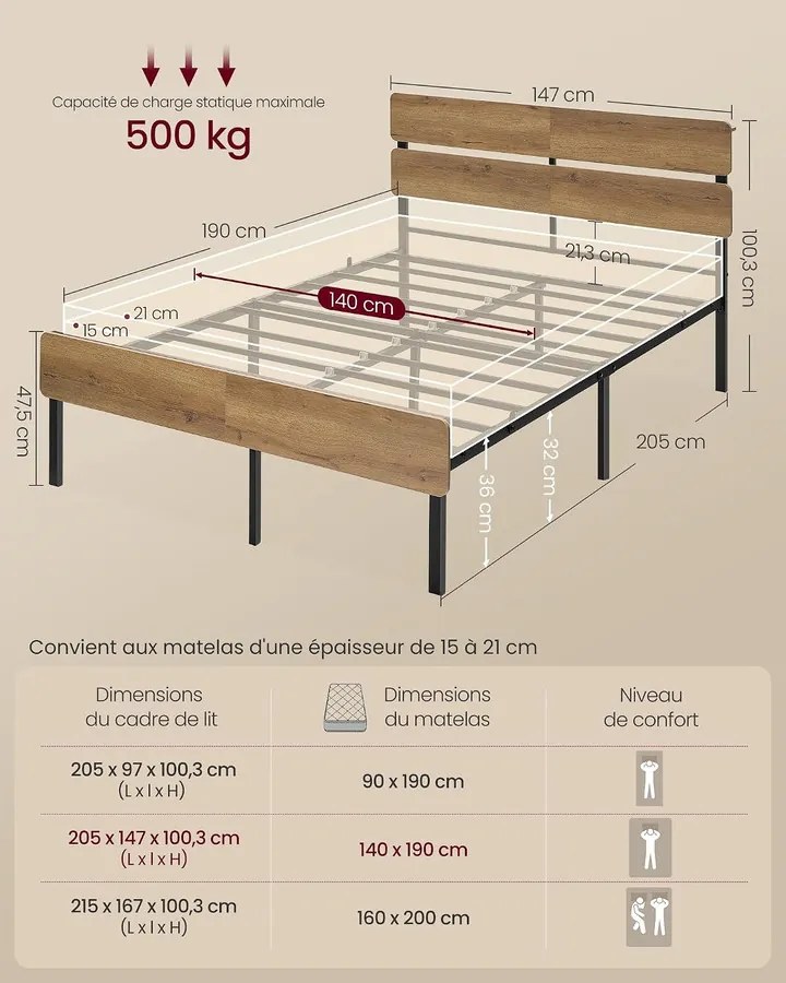 Vasagle fém ágykeret LED-del és USB-vel, 140x190 cm – Barnet