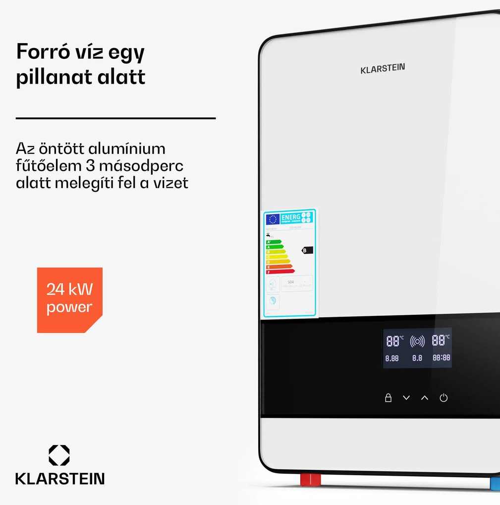 Blaze Flow Elektromos átfolyós vízmelegítő, rozsdamentes acél fűtőelem, LED kijelző, 24 kW