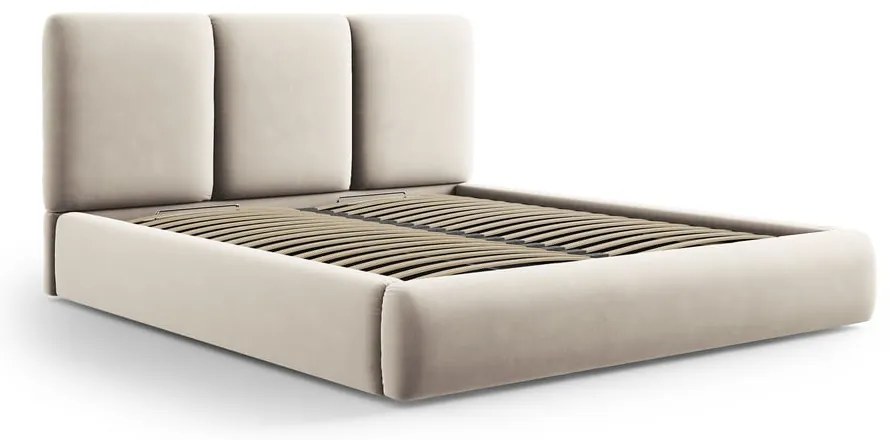 Krémszínű bársony kárpitozott ágyneműtartós franciaágy ágyráccsal 140x200 cm Brody – Mazzini Beds