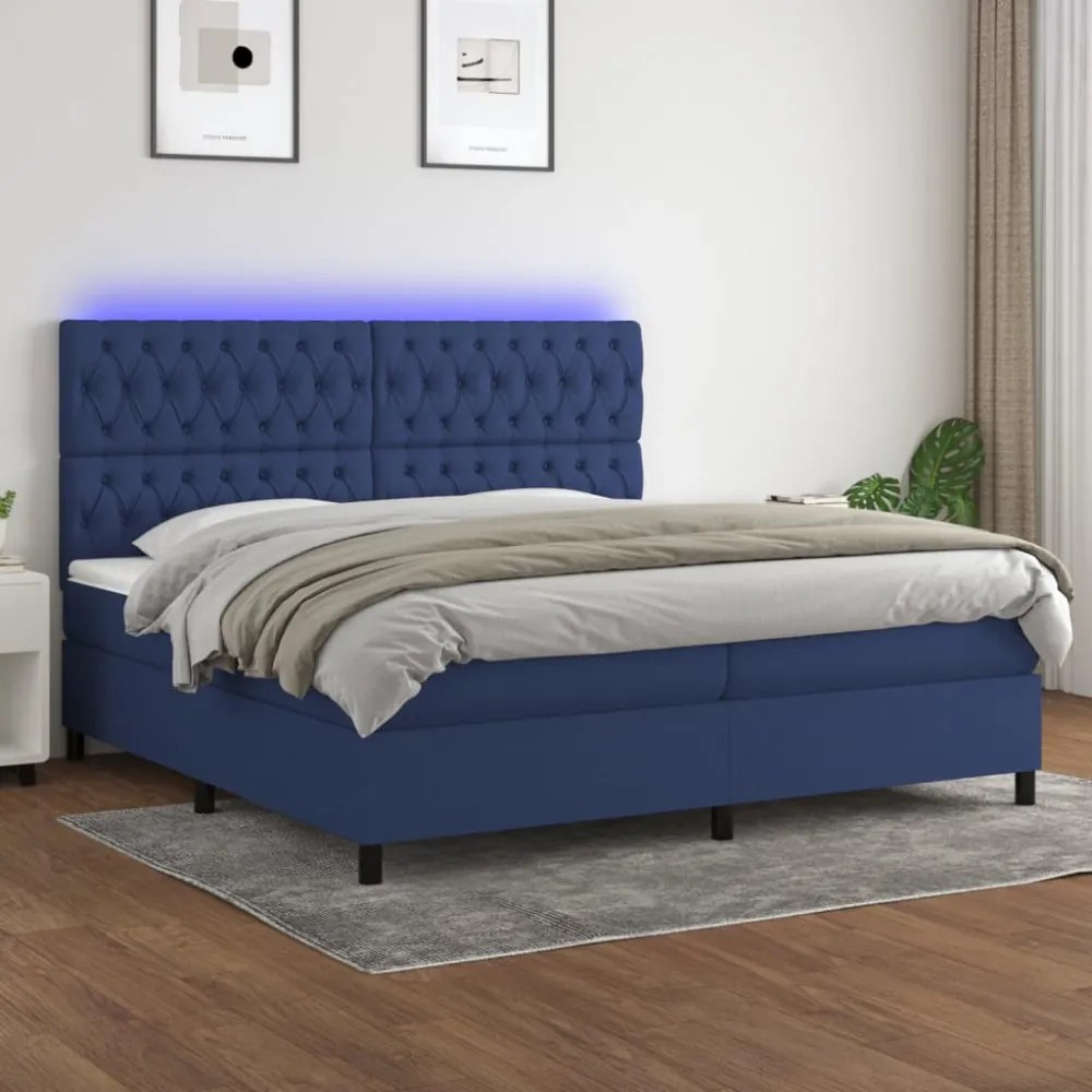 kék szövet rugós és LED-es ágy matraccal 200 x 200 cm