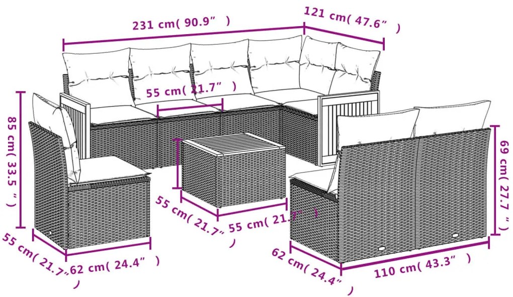 9 részes szürke polyrattan kerti ülőgarnitúra párnákkal
