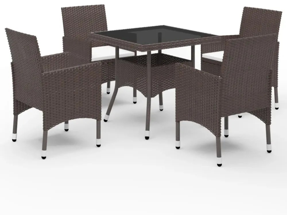 5 részes barna polyrattan és edzett üveg kerti étkezőszett